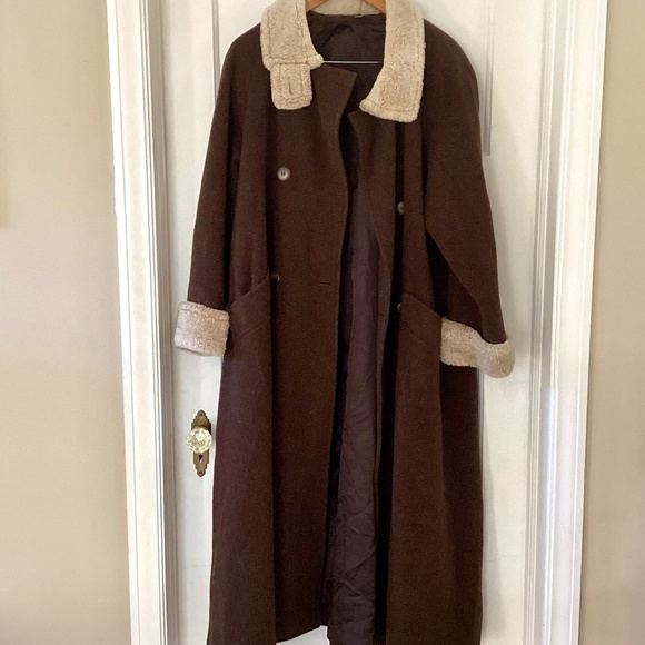 Vtg STEVE by Searle Brown Wool Trapeze Long Coat Faux Fur Collar & Cuffs Size 8 - Picture 15 of 15